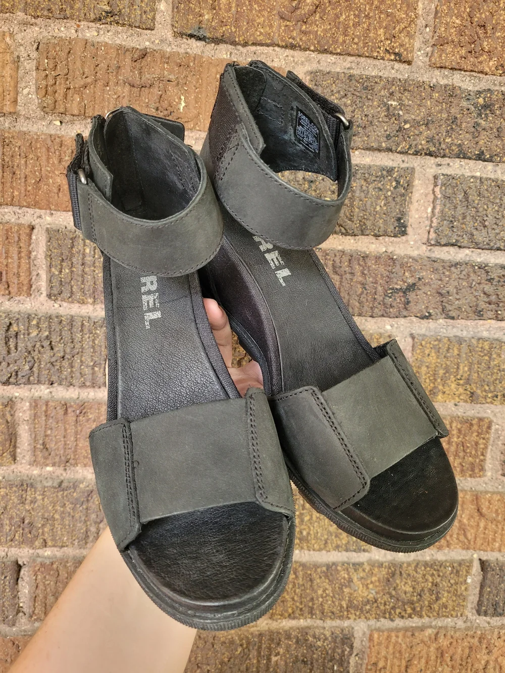Sorel Joanie II Black Leather Ankle-Strap Wedge Sandals Size 7.5